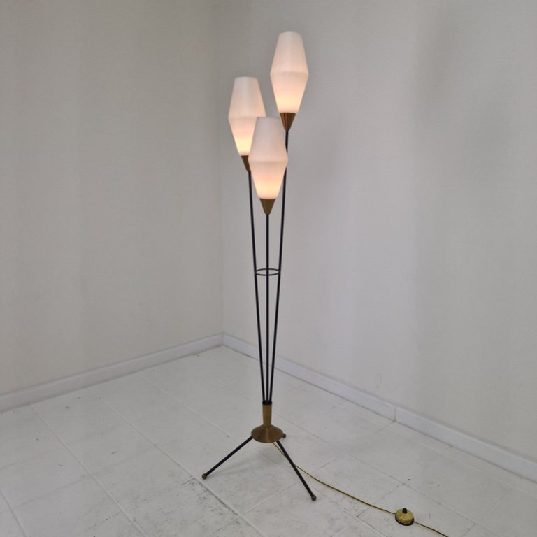 Lampe Vintage Années 50 - Style Mid-Century - Base Trépied Métal Noir Et Laiton