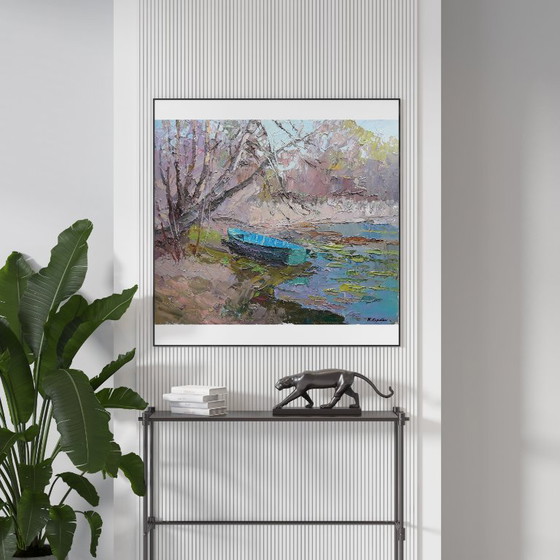 Original Oil Painting Nature Landscape Forest River Blue Boat – Paintings & Drawings, Canvas (photo 3 of 8)