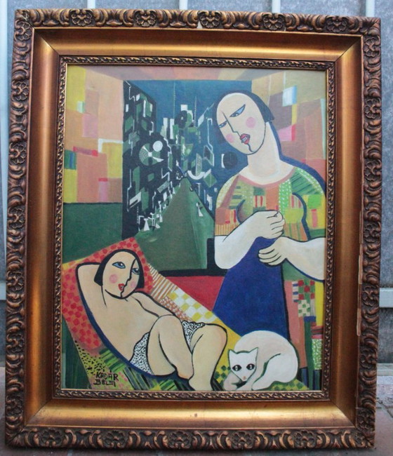 Image 1 of 1960s Béla Kádár (Attr.) Modernist Figural Composition Nude and Cat