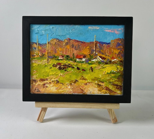 Original Oil Painting Summer Field Landscape Sunny day outside the village
