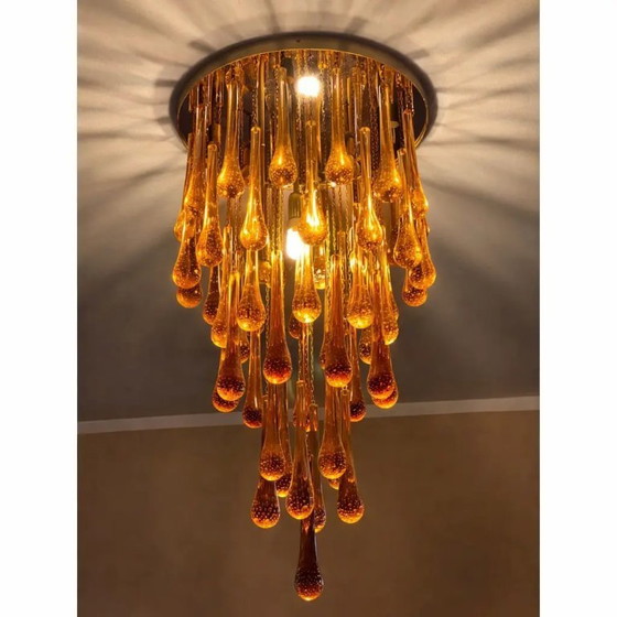 Image 1 of Zeitgenössische bernsteinfarbene und transparent-goldene Murano-Glas-Deckenleuchte „Big Drops“