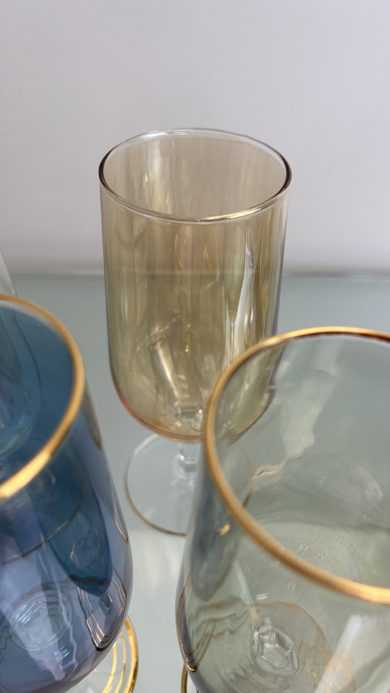 Image 1 of 8 x Vintage iridescent wine glasses or water glasses rainbow glass