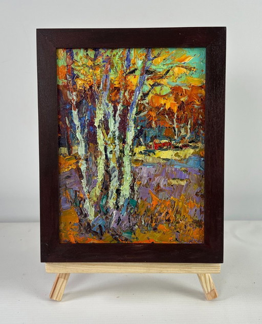 Original Oil Painting Autumn Forest Landscape Young aspens listen to the silence