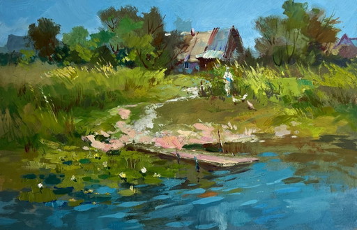 Origineel olieverfschilderij: Kustlandschap langs een rivier. De weg naar de rivier.