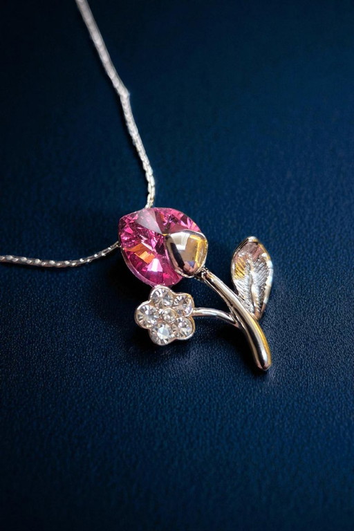 Rhinestone crystal pink tulip 18kt white gold plated pendant with chain