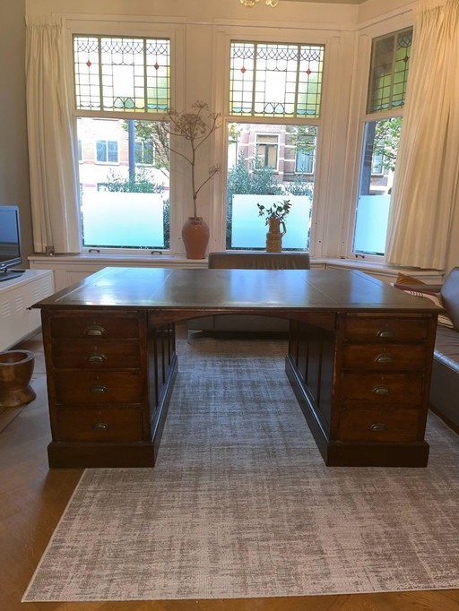 Antique English Partner Desk - Large Desk with Leather Top