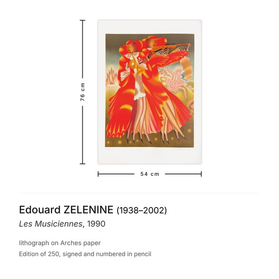 Edouard Zelenine ondertekende lithografie Les Musiciennes 1990 – Litho's & Zeefdrukken, Paper (photo 3 of 5)