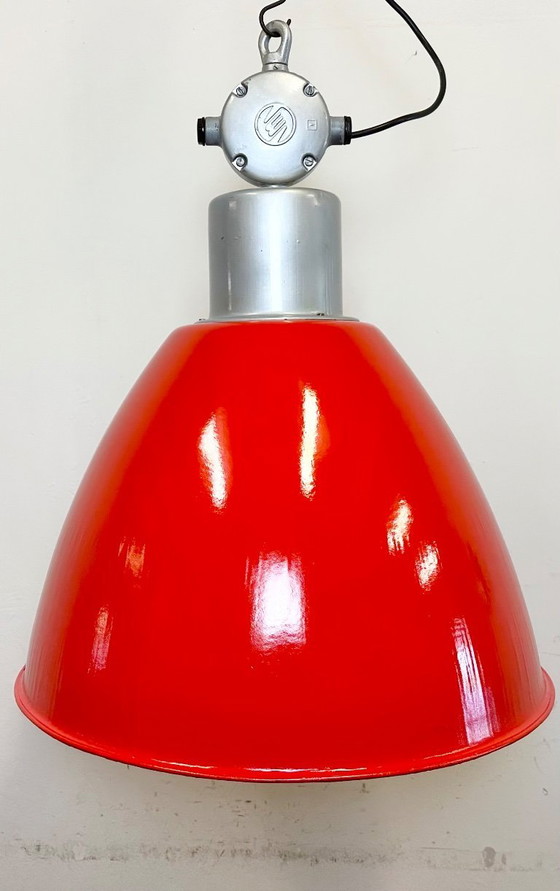 Image 1 of Large Red Painted Industrial Factory Lamp from Elektrosvit, 1960s
