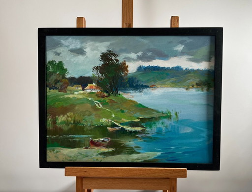 Pintura al óleo original Paisaje fluvial costero Río cerca del pueblo
