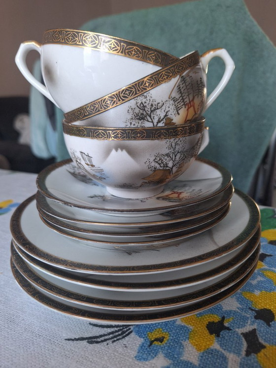 Image 1 of Zeldzaam vintage Japans lithofaan theeservies "Verborgen Geisha" porselein
