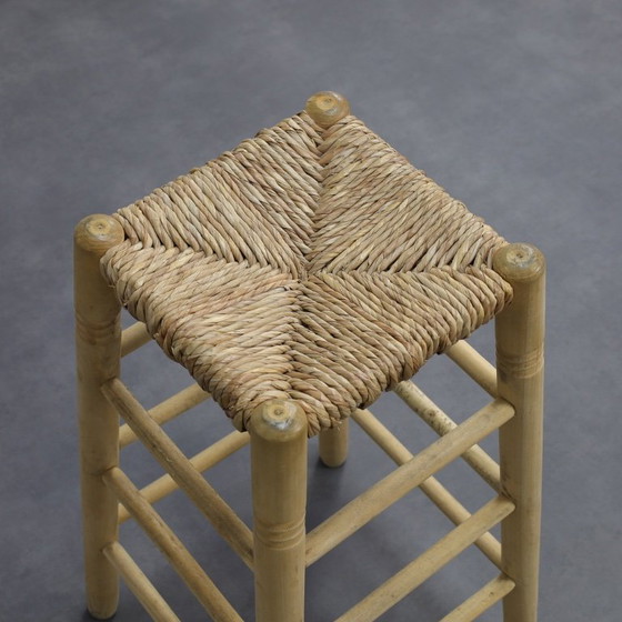 Image 1 of Ensemble de 4 tabourets de bar en bois et canne, 1970