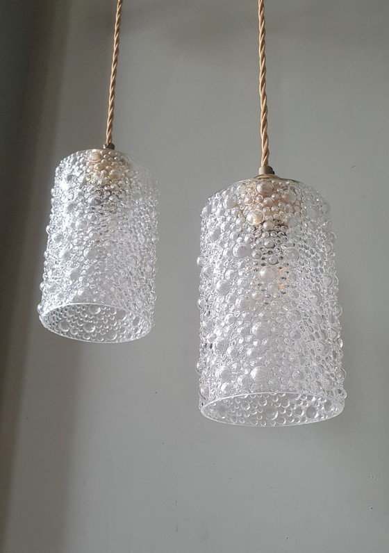 Set of 2 Vintage Glass Pendant lamps - Bubble Glass Texture (photo 8 of 26)