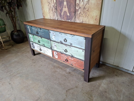 Colorful wooden chest of drawers, dresser, and TV cabinet with an industrial look. Dimensions: 121x40cm and 64cm high.