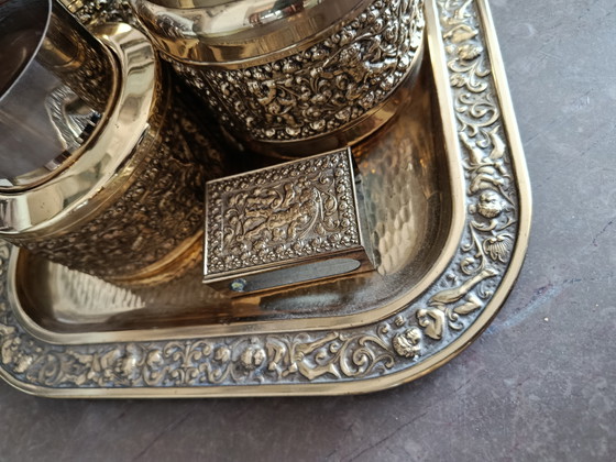 Image 1 of Raucherset Komplett 6Teile!!! Messing Gold Putten Engel Vintage RARITÄT elErhard und Söhne Made in Germany 50er Mid Century