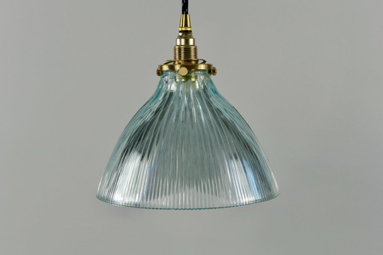 Image 1 of Ribbed ceiling lamp in light blue Holophane glass with brass shade support