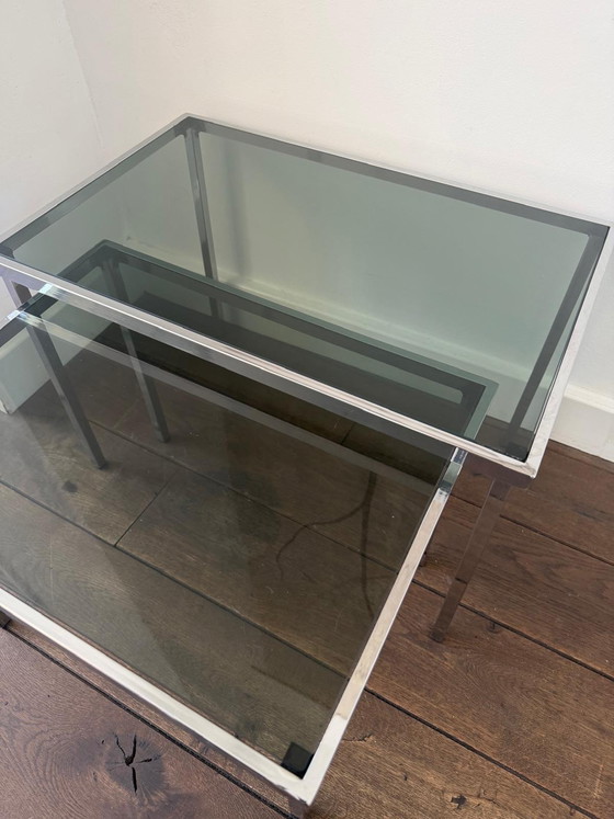 Image 1 of Vintage design bijzettafels / miniset chroom blad van (rook) glas 