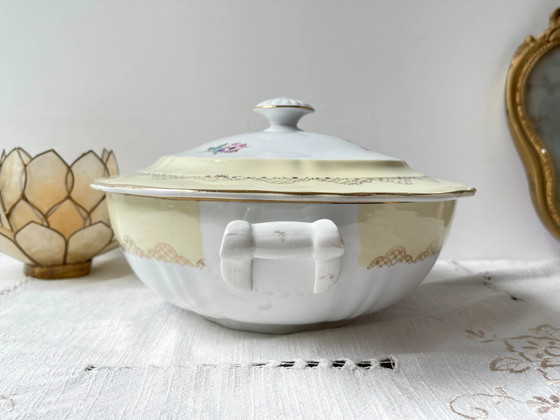 Vintage Bloemen Wit Geel Verguld Porseleinen Soepterrine L'Amandinoise 38754 Frankrijk Jaren 50 – Servies (photo 4 of 8)