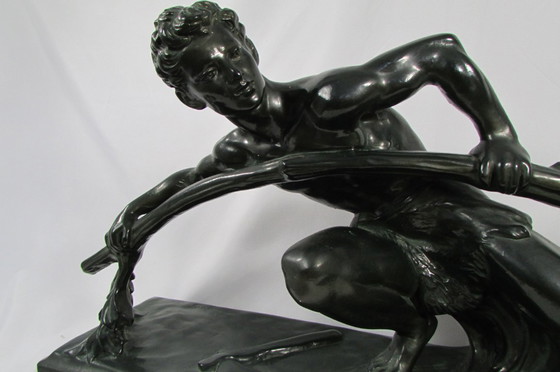 Image 1 of Plaster sculpture with a green bronze patina, signed BON