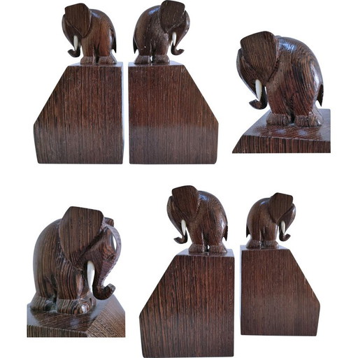 Par de sujetalibros de madera con forma de elefante, 1960