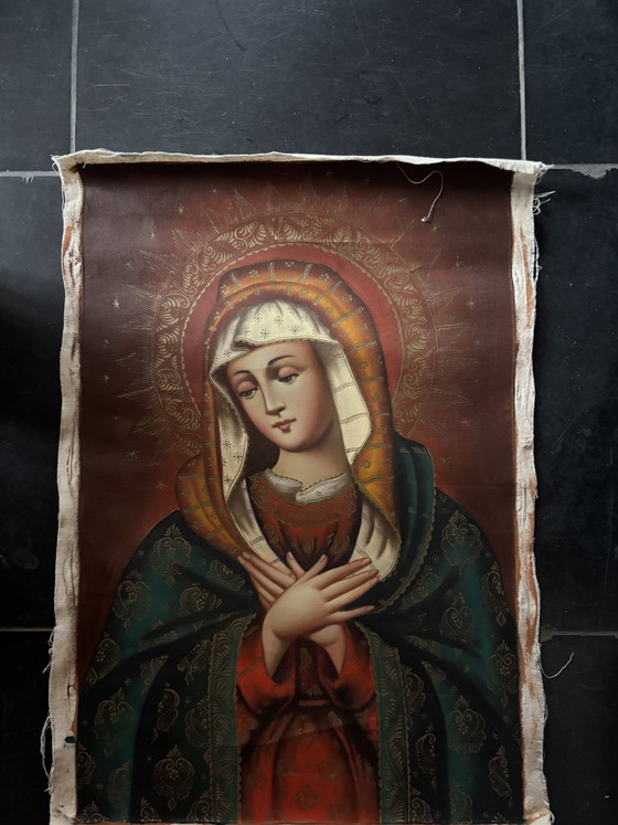 Maria dipinta su tela di lino della Scuola di Cusco in Perù, Dipinti e disegni, Legno, Marrone (foto 6 di 6)