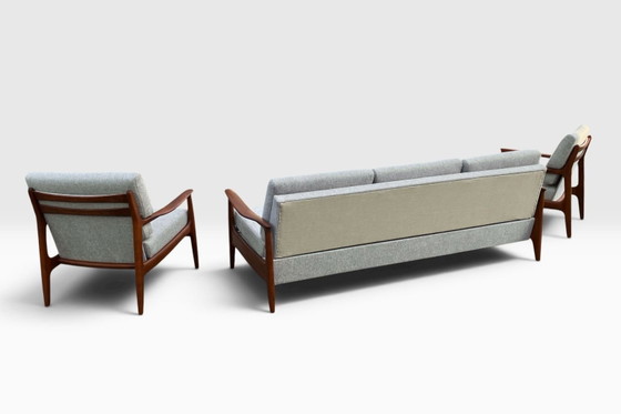 Canapé vintage en teck Eugen Schmidt Soloform et 2 fauteuils – Sofas, Bois, Textile (photo 2 of 13)