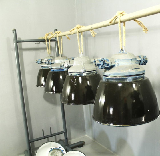 Set of 13, Industrial Lighting Fixtures, Bohemia, 1970s – Ceiling lights, Glass, Metal (photo 3 of 7)