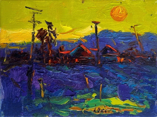 Pintura al óleo original Paisaje de pueblo al atardecer Puesta de sol amarilla sobre el pueblo
