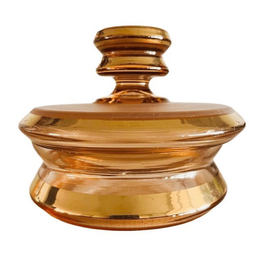 Art Deco bonbonnière salmon pink gold glass jewelry box 1950's