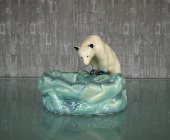 Image 1 of Bol Art Déco en forme d'ours polaire de Ditmar Urbach, sculpture en céramique tchécoslovaque des années 1930