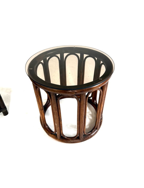 Set of 2 Manou & Smoked Glass Side Tables '70 – Wicker, Rattan (photo 3 of 8)