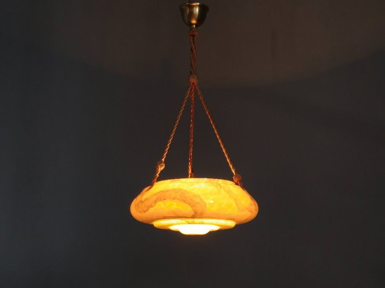 Image 1 of Art Deco hanglamp, gemarmerd glas en messing, jaren 1930