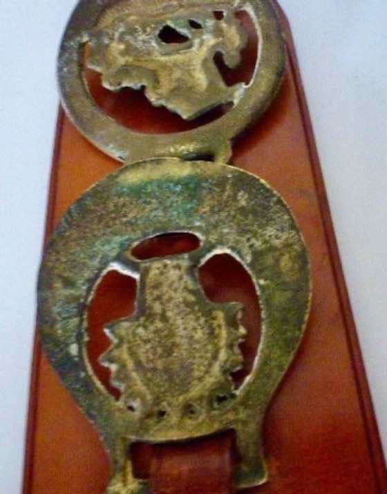 Image 1 of Vintage schellekoord met paard-gerelateerde koperen afbeeldingen. 