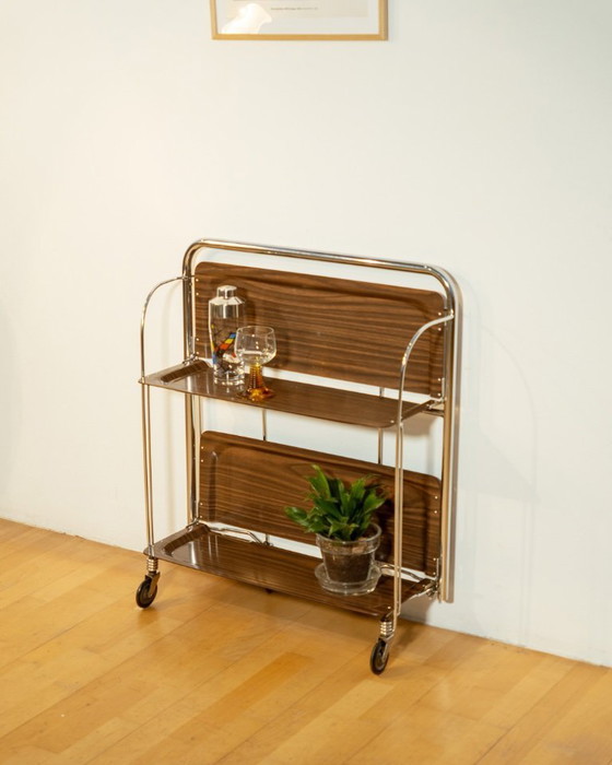 Image 1 of Chariot de service pliant vintage Raquer – Bois foncé, années 1960