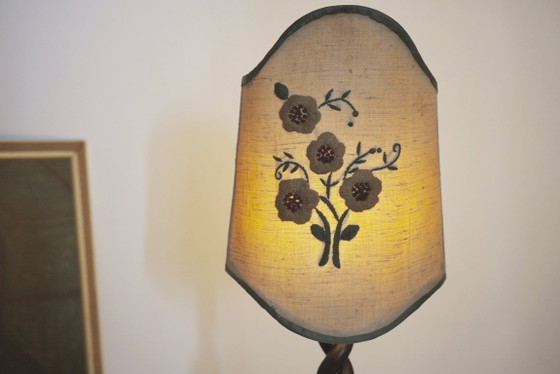 Image 1 of Vintage Carved Wood Barley Twist Lamp with Hand Embroidered Floral Shade and Acanthus Leaf Tripod Feet