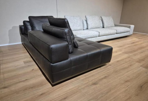Minotti Lawrence Sofa Fabric G + Clan Chaise Longue Leather Aspen Brown