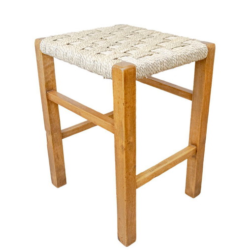 Low Wooden Stool with Seagrass Cord