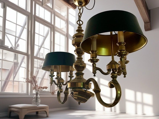 Lampadario in stile bouillotte in ottone massiccio del 1970 6 luci con paralumi neri