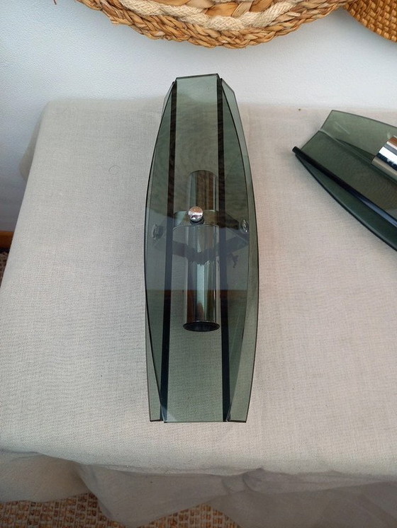 Image 1 of Paar VECA Italiaanse wandlampen voor Fontana Arte - verchroomd staal en kristalglas - jaren '60