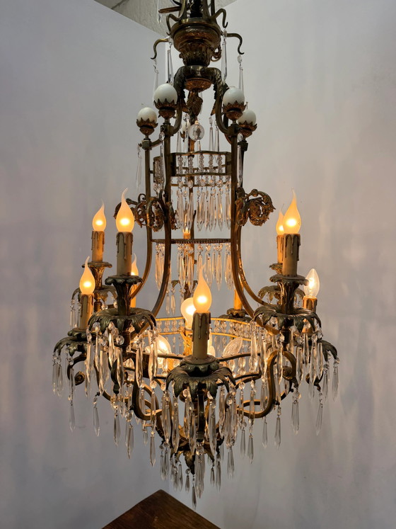 Impressionnant lustre ancien français en bronze doré et cristal, Verre (photo 9 sur 9)