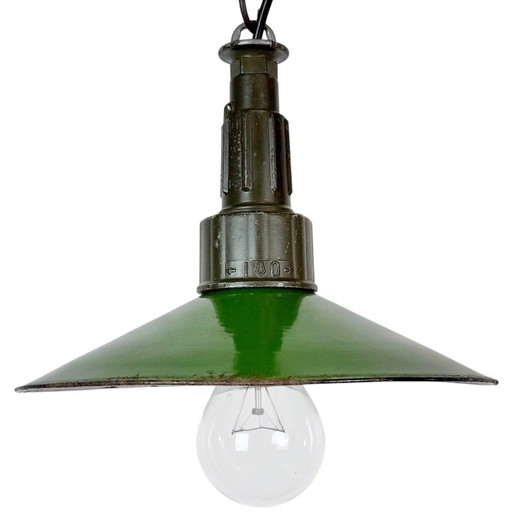 Lámpara Colgante Militar Industrial de Esmalte Verde con Parte Superior de Aluminio Fundido, Años 60