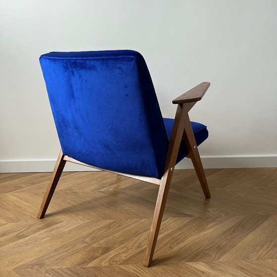 Image 1 of Mid Century Modern Blue Velvet Armchair Restored, Vintage Chierowski Lounge Chair, Polish Wooden Frame Accent Chair