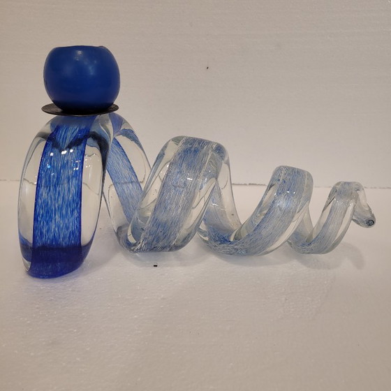 Image 1 of Pair of blue spiral candlesticks, glass, 80's - France