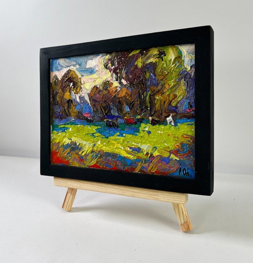 Original Oil Painting Summer Nature Landscape Noon on the рasture