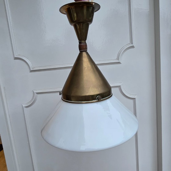 Image 1 of Brass, Opaline Glass Pendant Light 1920's