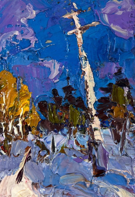 Image 1 of Original Oil Painting Winter Field Landscape Snow enveloping the forest