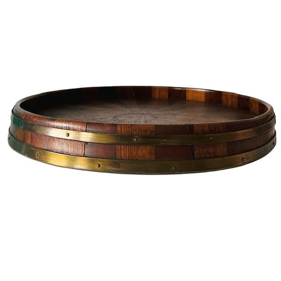 Image 1 of Antiek Edwardiaans houten dienblad zonnestralen motief messing band 1900's