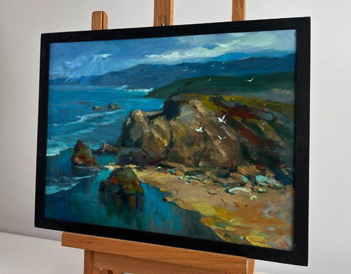Original Oil Painting Coastal Mountain Landscape Sunlight through the clouds