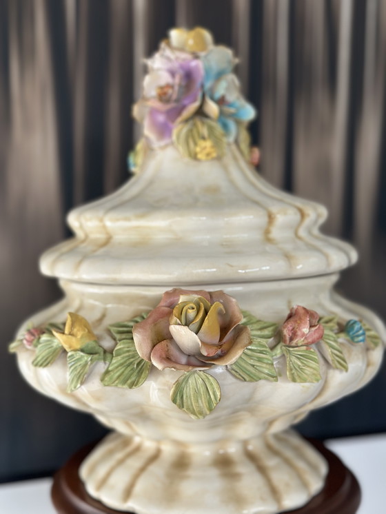 Image 1 of Vintage Baroque-Style Ceramic Lidded Bowl with Hand-Applied Flowers