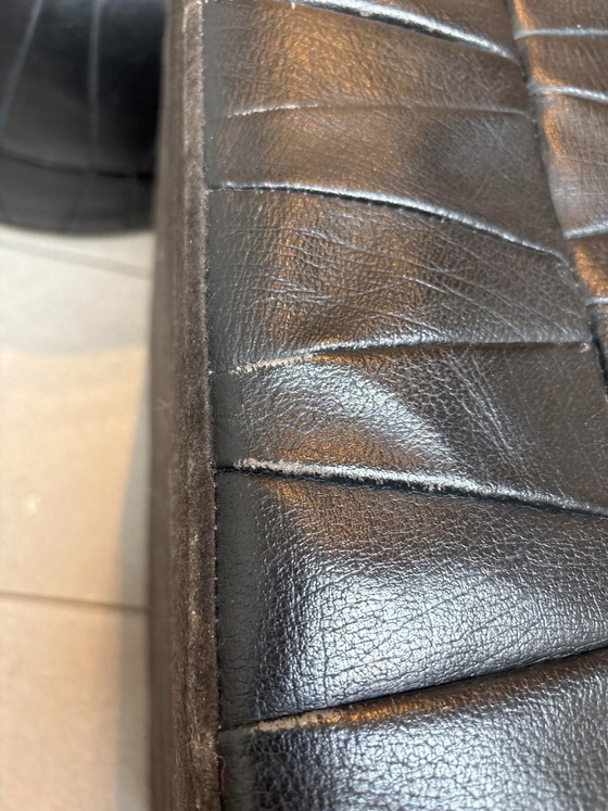 De Sede | Vintage patchwork poef / kist, Hockers en poefs, Hout, Leer, Zwart (foto 5 van 5)