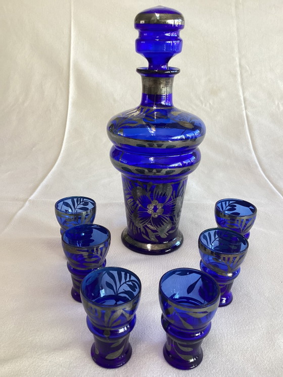 Image 1 of Zeldzaam Italiaans kobaltblauw glazen koffie- en likeurservies met zilverdecor – 21-delig – ca. 1950-1970
